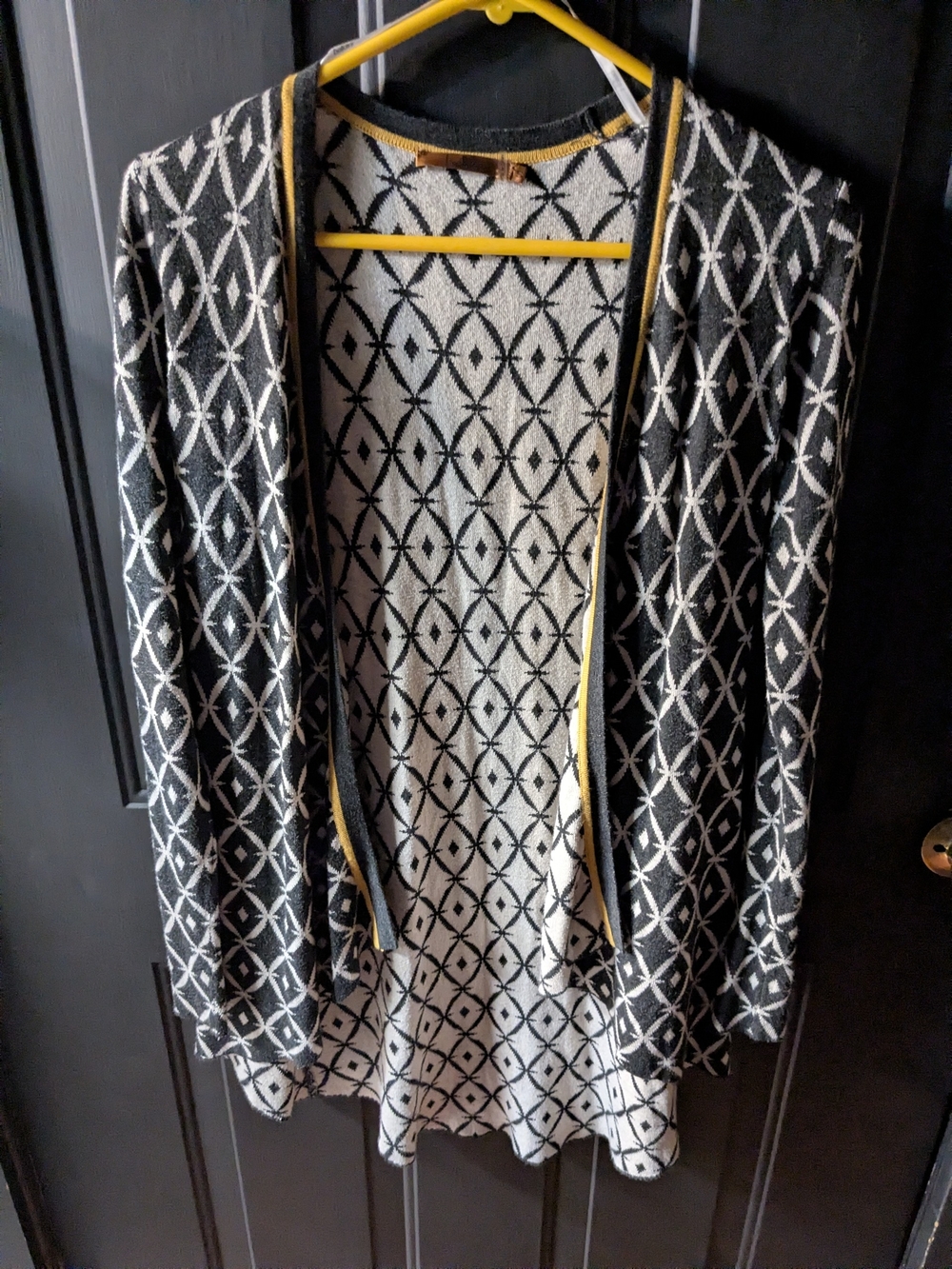 BELLDINI Black and White Geometric Open Cardigan with Yellow Trim
